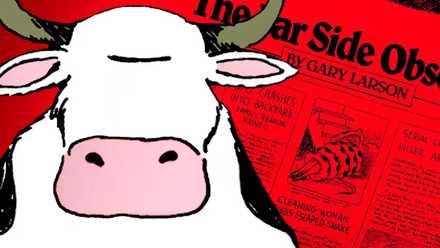 One of The Far Side's signature cows (foreground) with a red newspaper front page in the background.