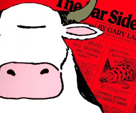 10 Deepest The Far Side Comics That Fans Are Still Thinking About Decades Later 7 One of The Far Side's signature cows (foreground) with a red newspaper front page in the background.