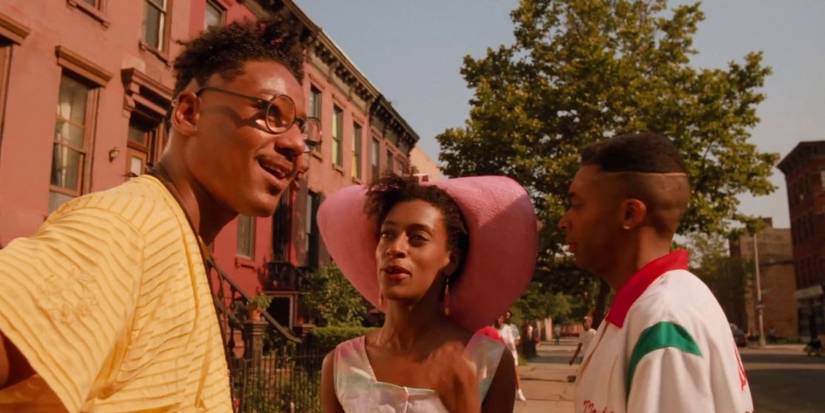 Giancarlo Esposito as Buggin' Out, Joie Lee as Jade, and Spike Lee as Mookie in a scene from Do the Right Thing