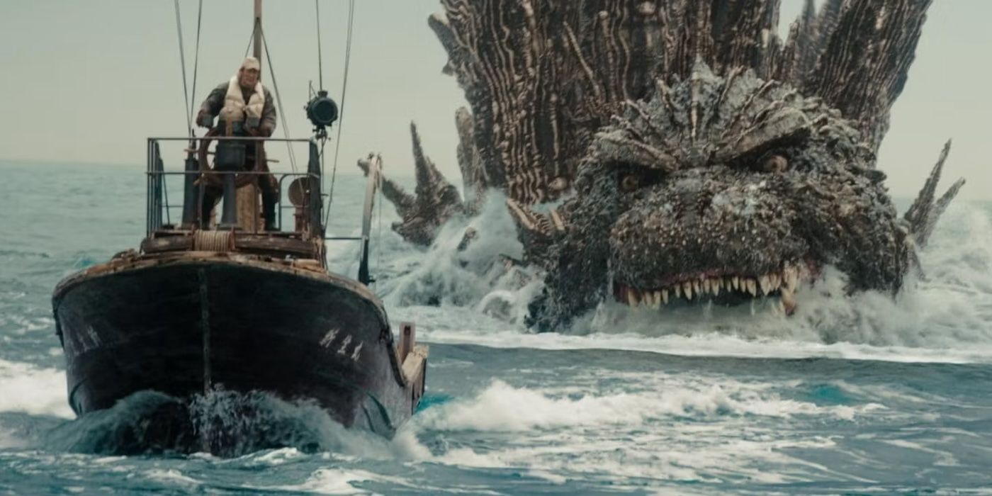 godzilla stalks a boat in godzilla minus one