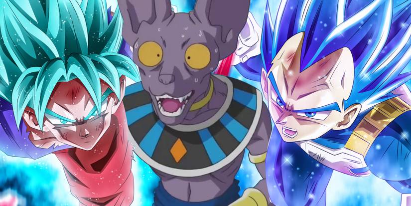 Image shows Goku and Vegeta both in Super Saiyan Blue forms surrounded by aura as they prepare to attack and very concerned looking Beerus.