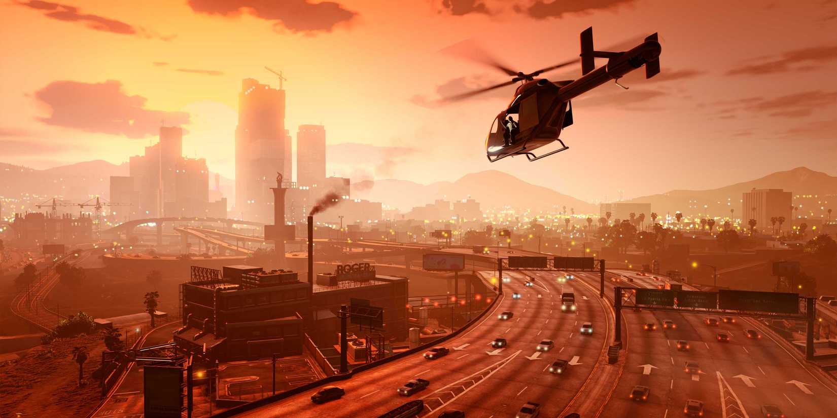 A helicopter flying over Los Santos in GTA Online.