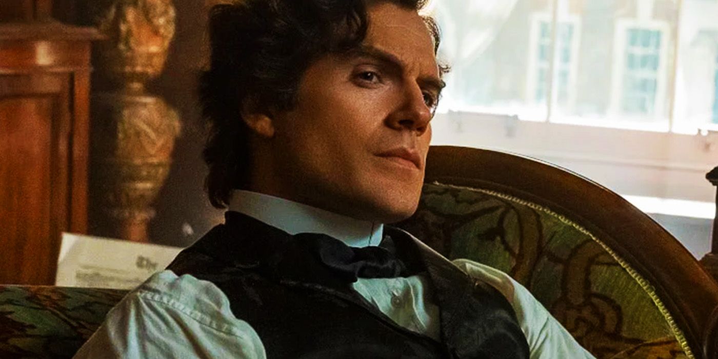 Henry Cavill as Sherlock Holmes looks pensive in a scene from Enola Holmes.