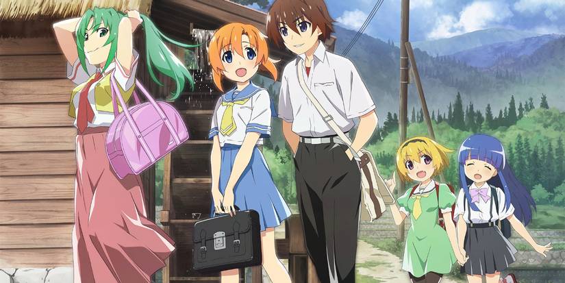 Higurashi When They Cry cast, including Keiichi, Satoko, Rika, Rena, and Mion walking