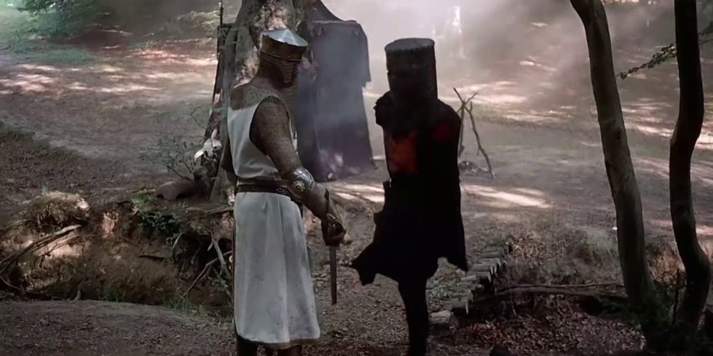 King Arthur battles the Black Knight, who only has one leg remaining. (Monty Python and the Holy Grail)