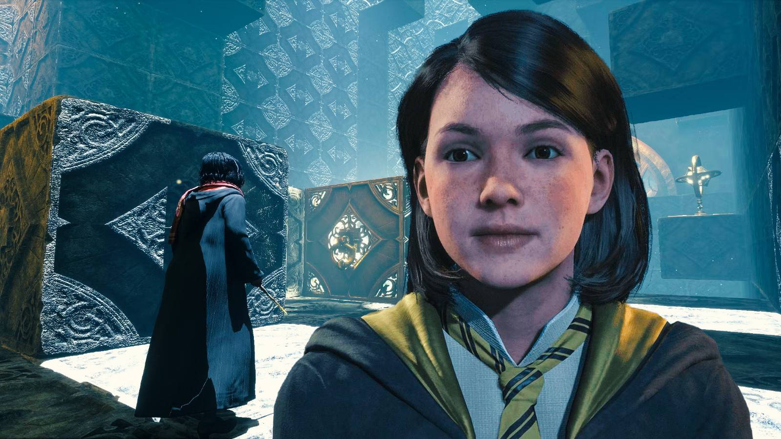 A Hufflepuff student with Herodiana's Puzzles in the background from Hogwarts Legacy