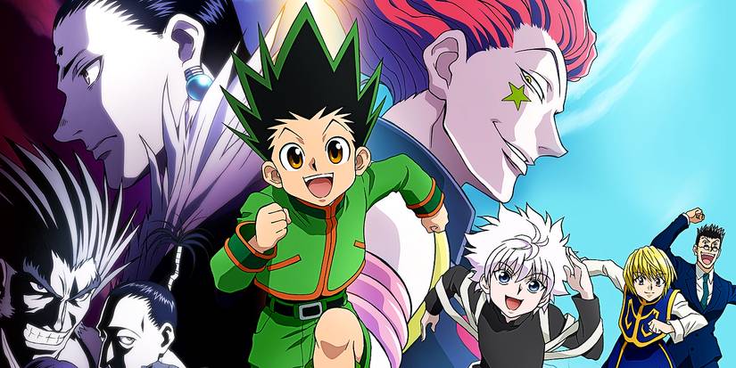 8 Retro Anime That Do Everything Solo Leveling Does, But Better 7 Hunter x Hunter's full cast against a blue background, with Gon and Killus running towards center frame and Hisoka menacingly watching in the background.