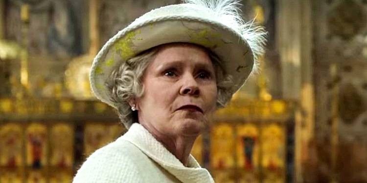 Imelda Staunton as Queen Elizabeth II looking on sadly in The Crown season 6