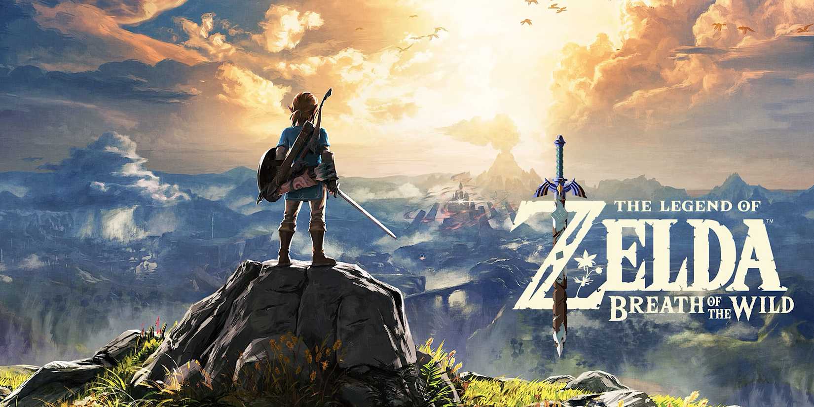 The video game cover for The Legend of Zelda: Breath of the Wild features Link looking down on Hyrule. 
