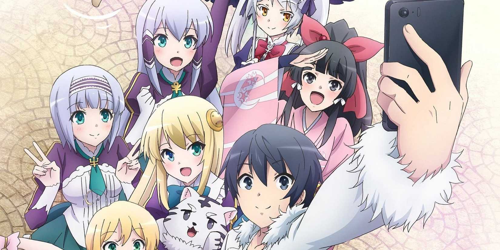 In Another World With My Smartphone official cover art where the protagonist, Touya, takes a selfie with his smartphone.