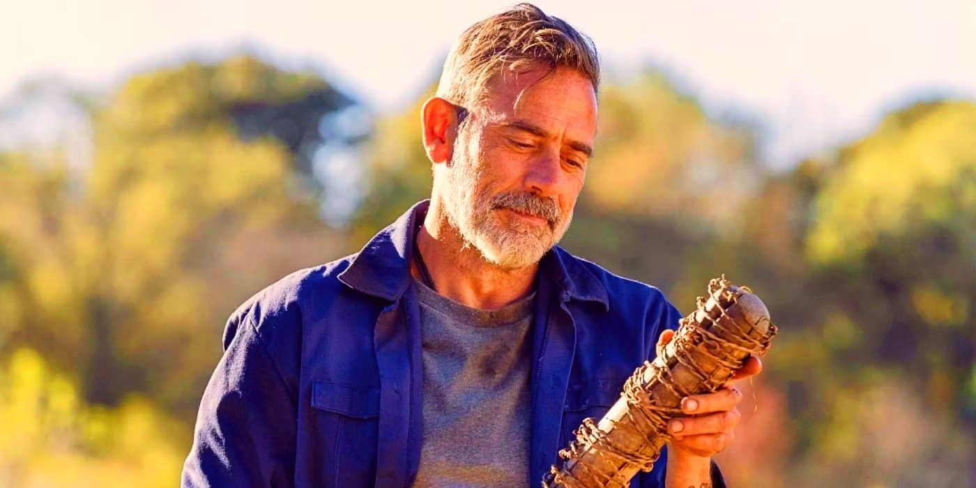 Jeffrey Dean Morgan as Negan holding his baseball bat, Lucille, in The Walking Dead