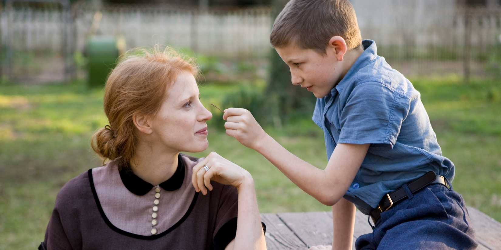 Jessica Chastain with a young boy in tree of life