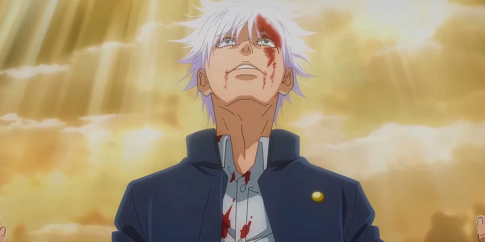 Jujutsu Kaisen's Satoru Gojo resurrects himself against a backdrop of gold.