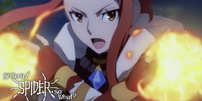Katia summoning flames to her hands in So I'm A Spider, So What? The name of the show is written in white font in the bottom left corner.
