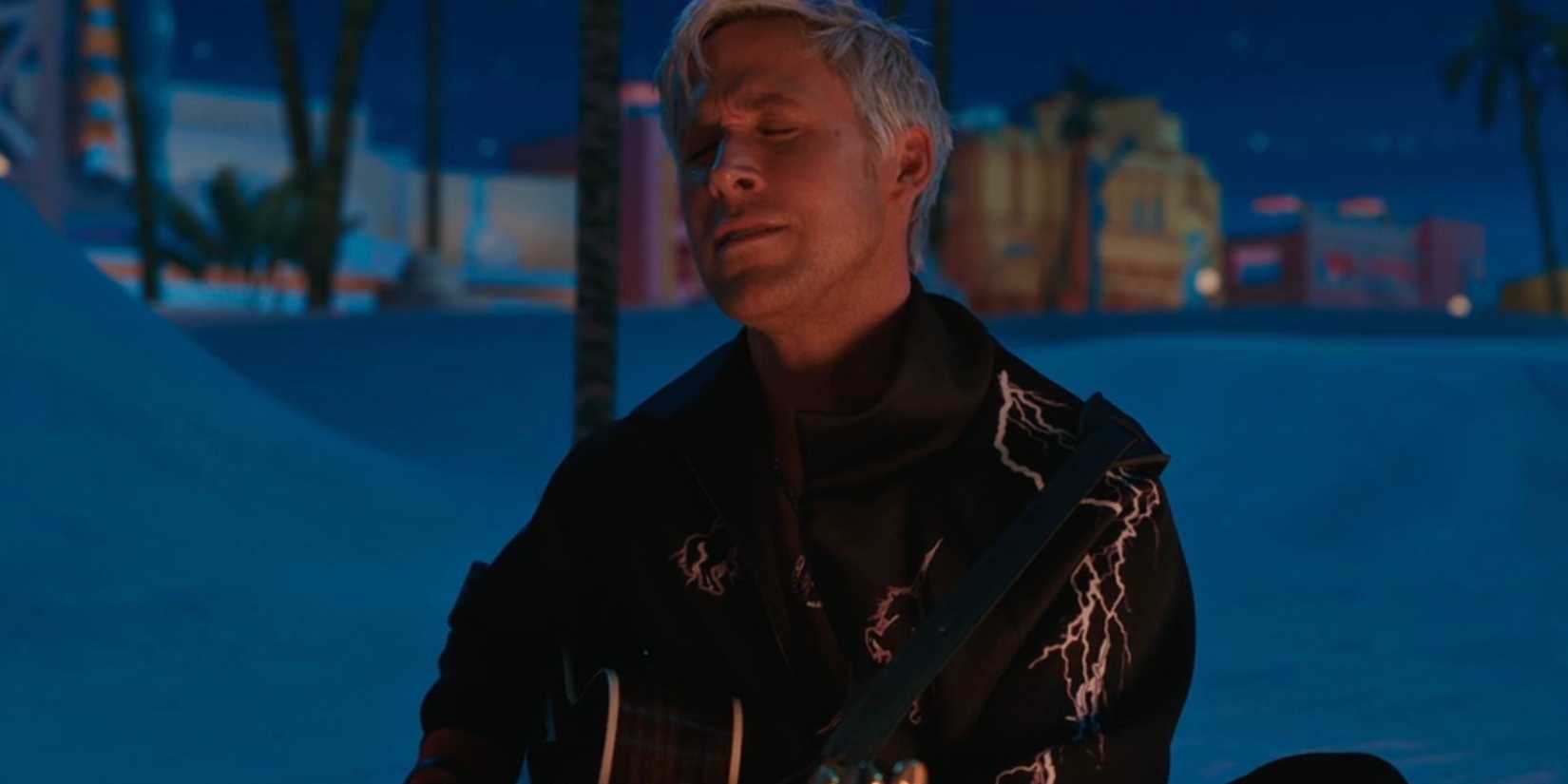 Ken (Ryan Gosling) getting very into playing guitar on the beach in Barbie.