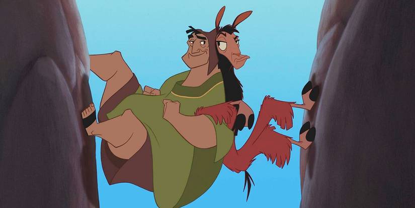 Kuzco as a llama climbing a rock with Pacha in The Emperor's New Groove