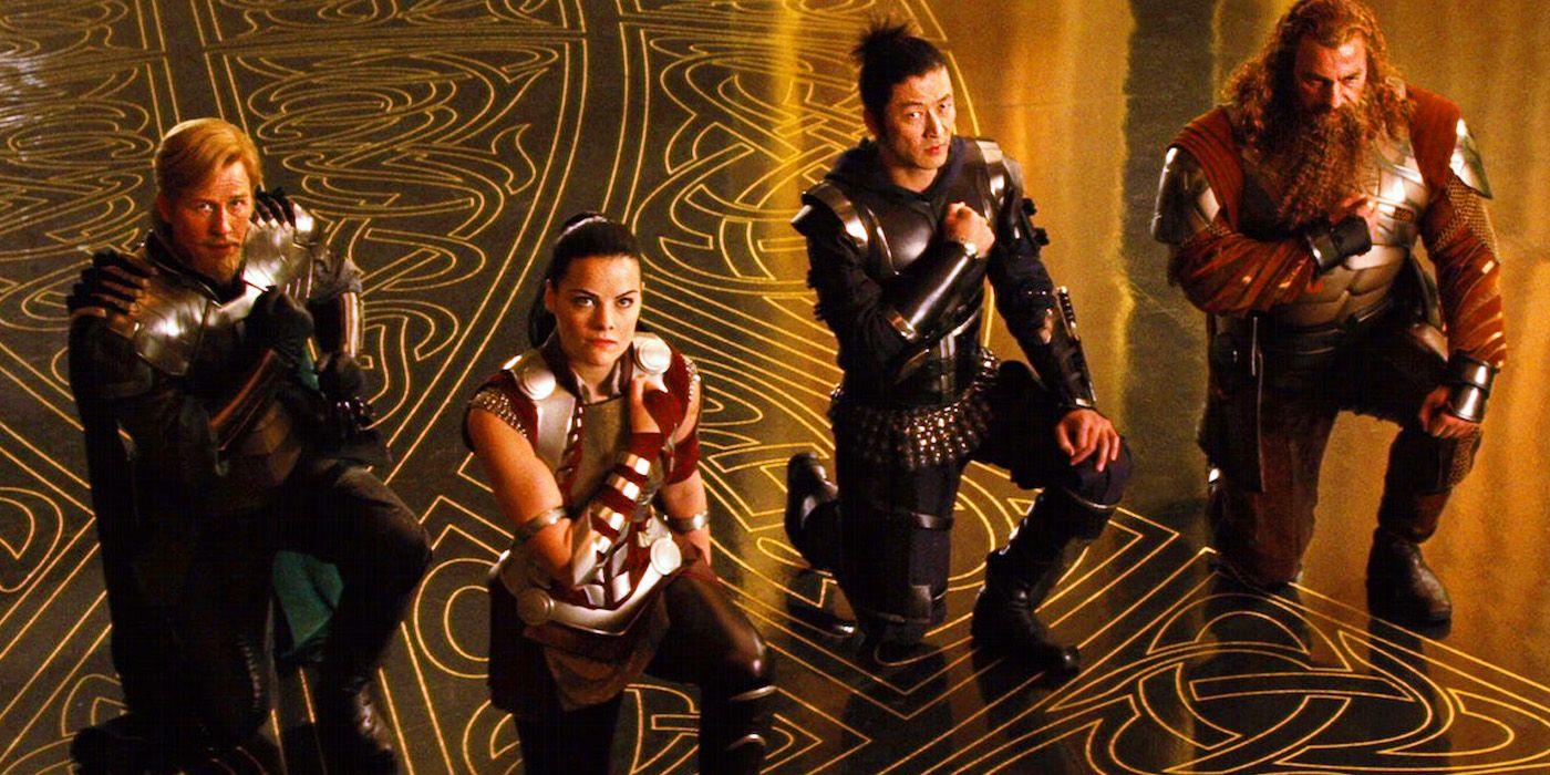 Lady Sif and the Warriors Three bowing to Loki in 2011's Thor