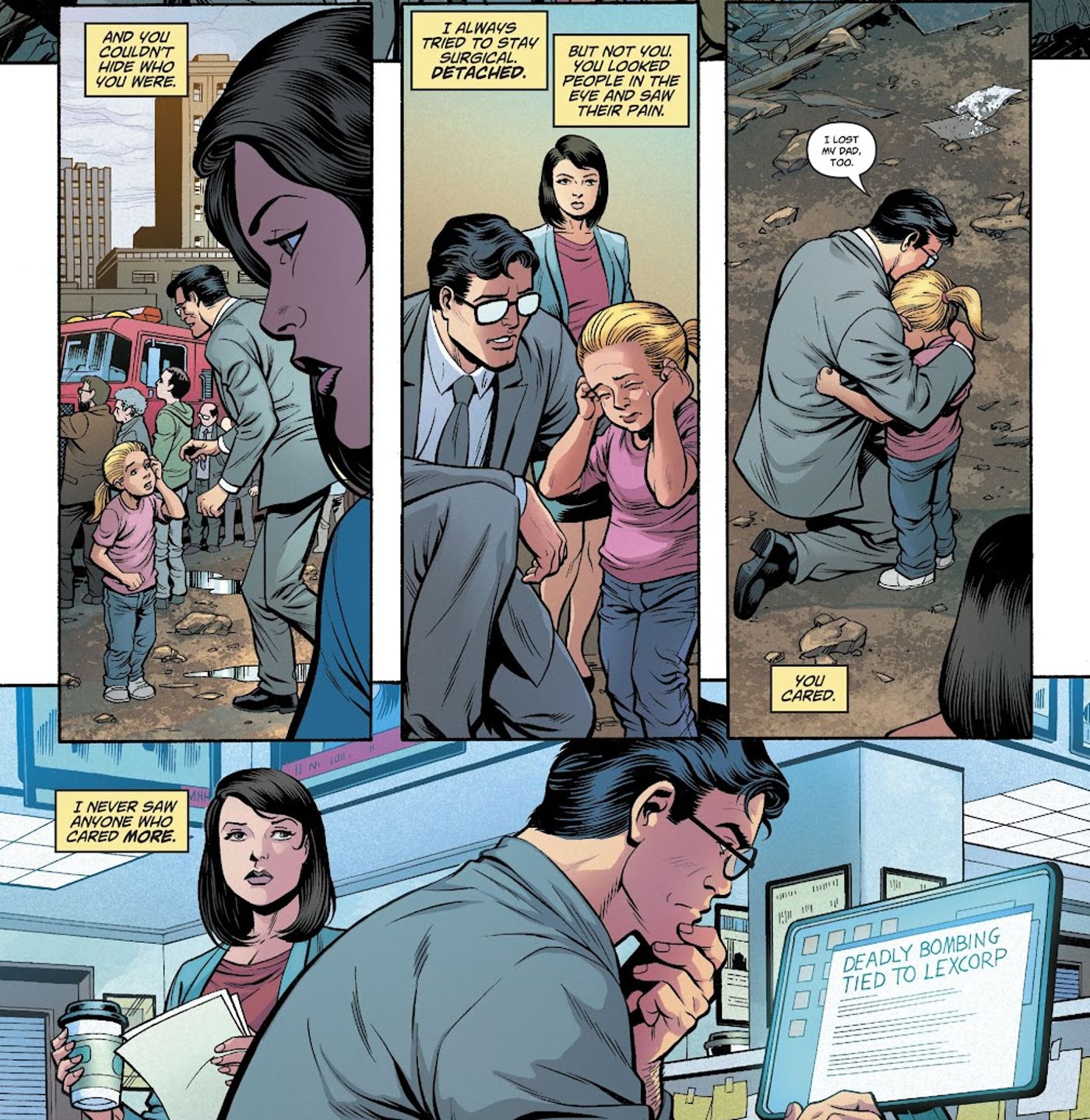Mysteries of Love in Space #1, Clark Kent embraces a scared child and Lois Lane watches him work on a Daily Planet article.