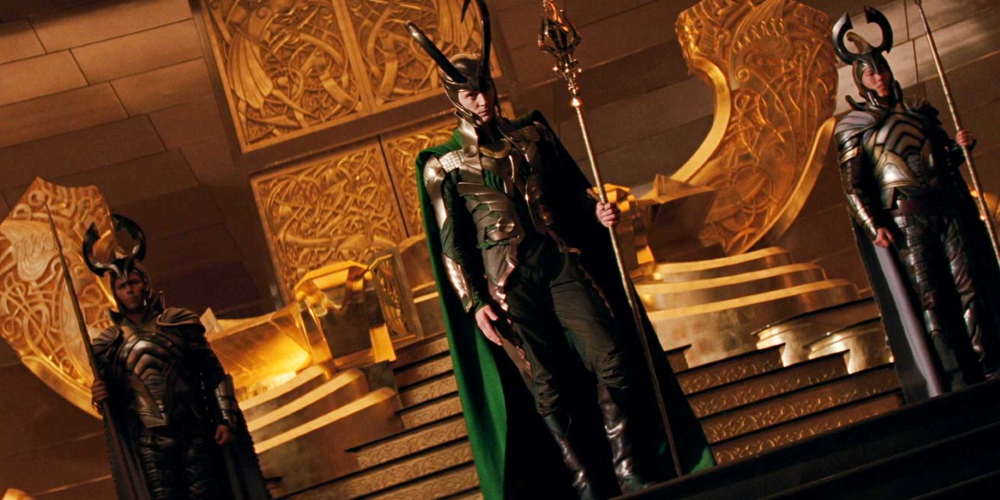 Loki in his regal outfit at the throne of Asgard in Thor (2011)