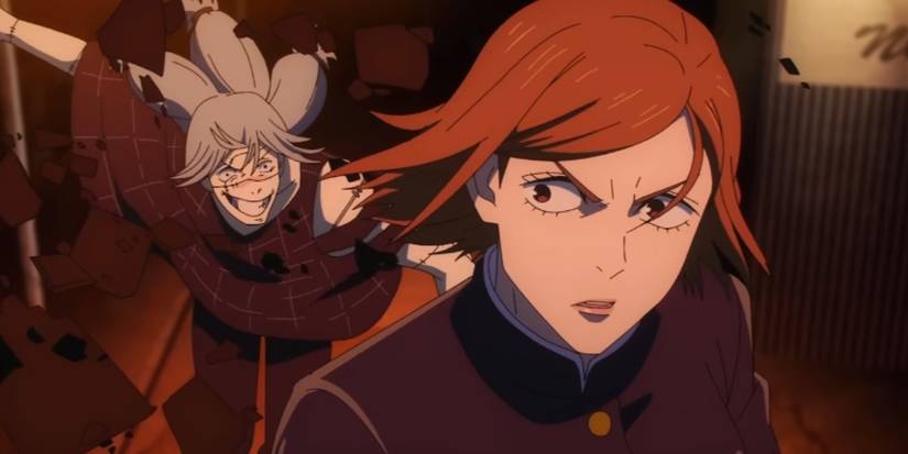 A smiling Mahito attacks a very surprised Nobara in Jujutsu Kaisen at night.