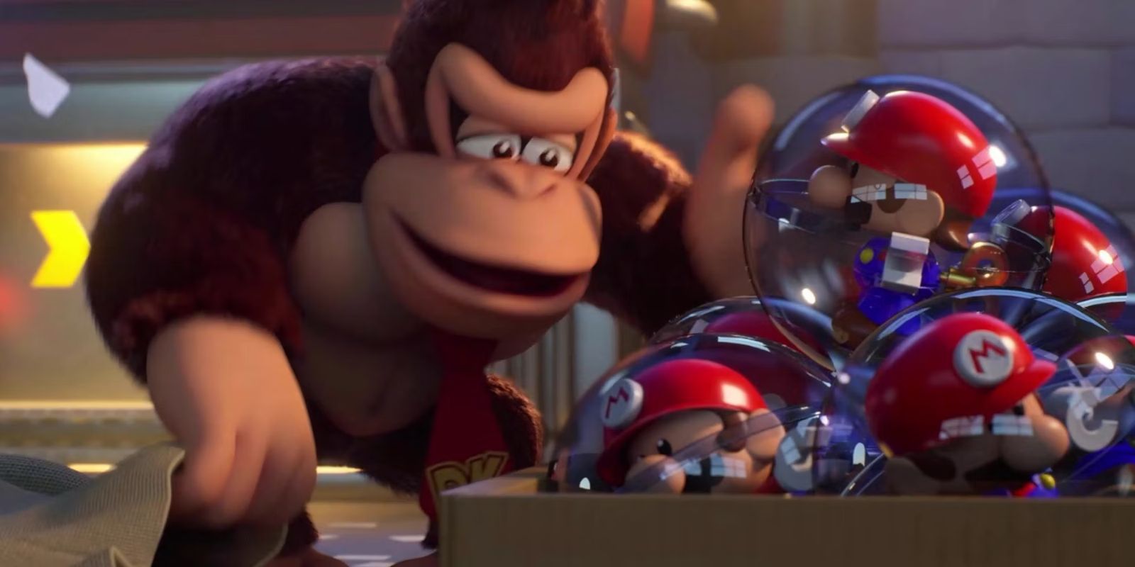 Mario Vs Donkey Kong Remake image of Donkey Kong standing in front of a barrel with wind up Mario toys