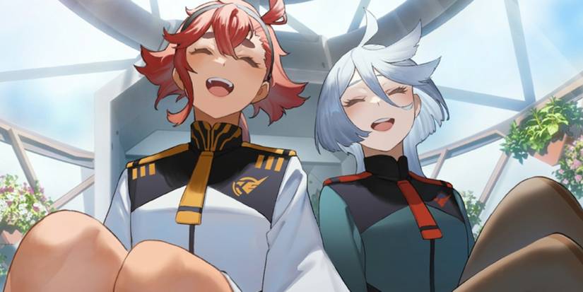 Mobile Suit Gundam The Witch from Mercury Suletta and Miorine holding hands and smiling