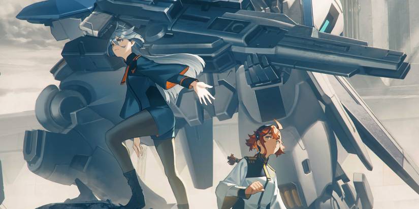 Mobile Suit Gundam The Witch from Mercury Suletta and Miorine together with a Gundam in the background
