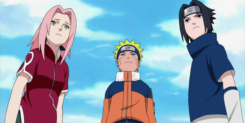Sakura, Naruto, and Sasuke looking defensive in the Naruto anime