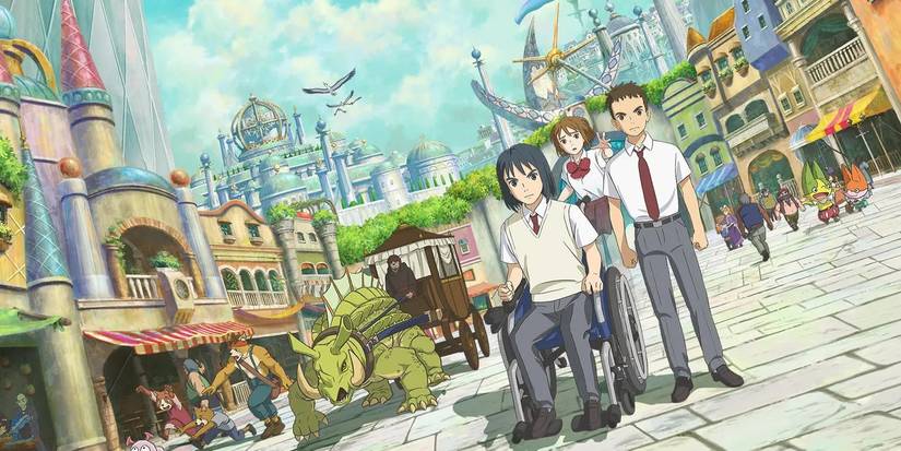 Ni no Kuni Cover Image showing the secondary fantasy world with Haruto, Yusuke, and Kotona in the forefront. 