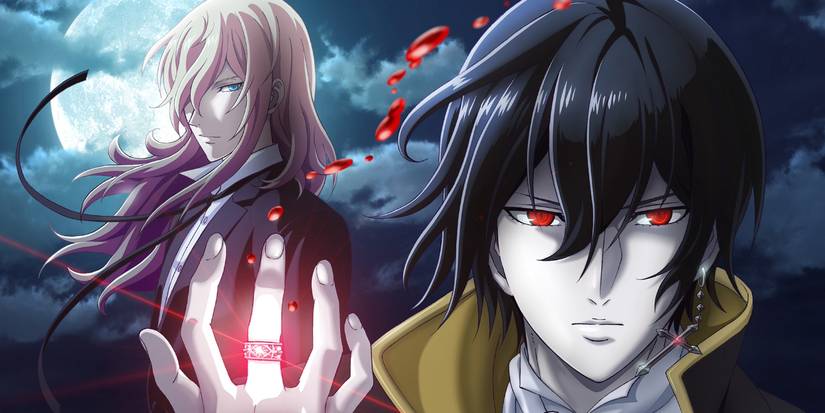 Noblesse official art featuring Rai with a shining ring, controlling blood, inn front of Frankenstein watchinng over him