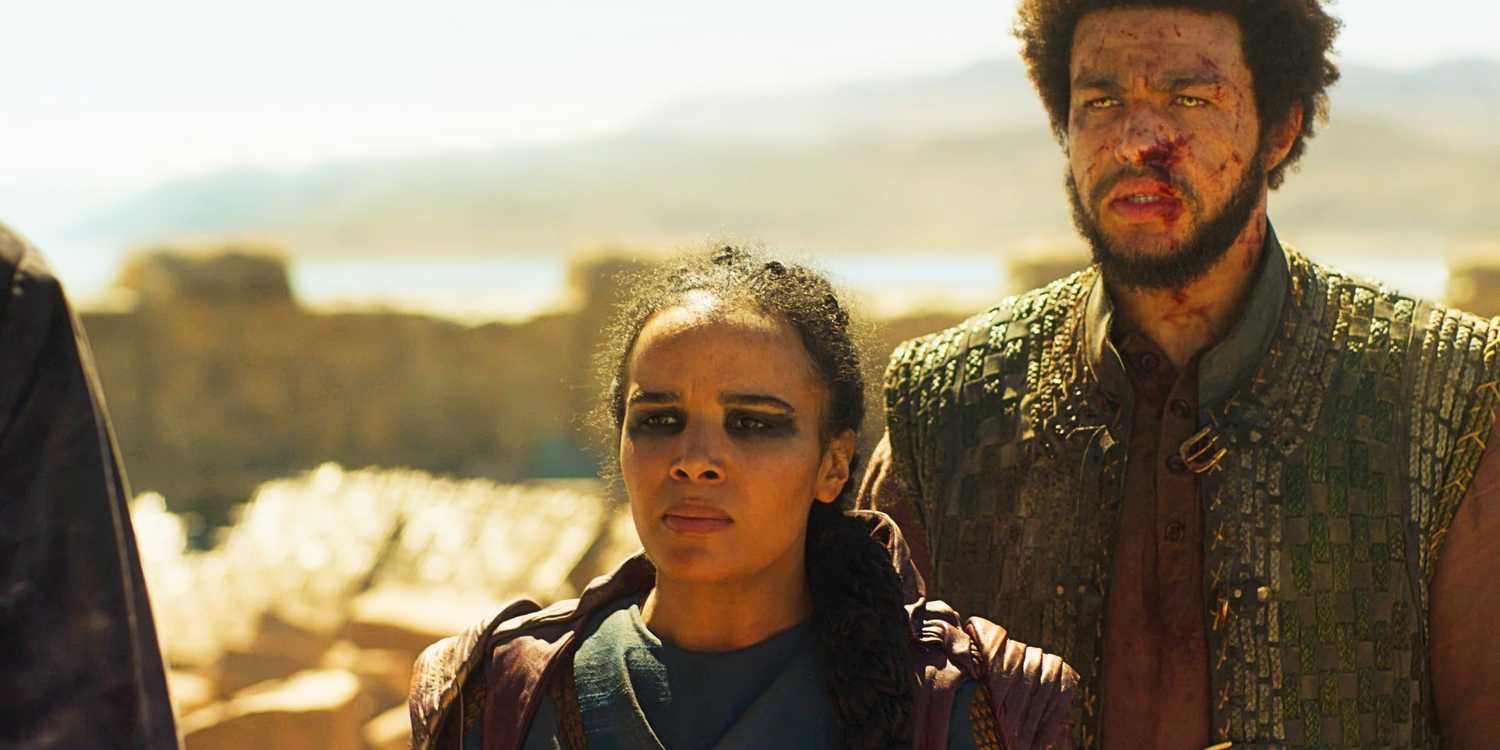 Nynaeve and Perrin looking bloody and worn at the end of the Wheel of Time season 2 finale