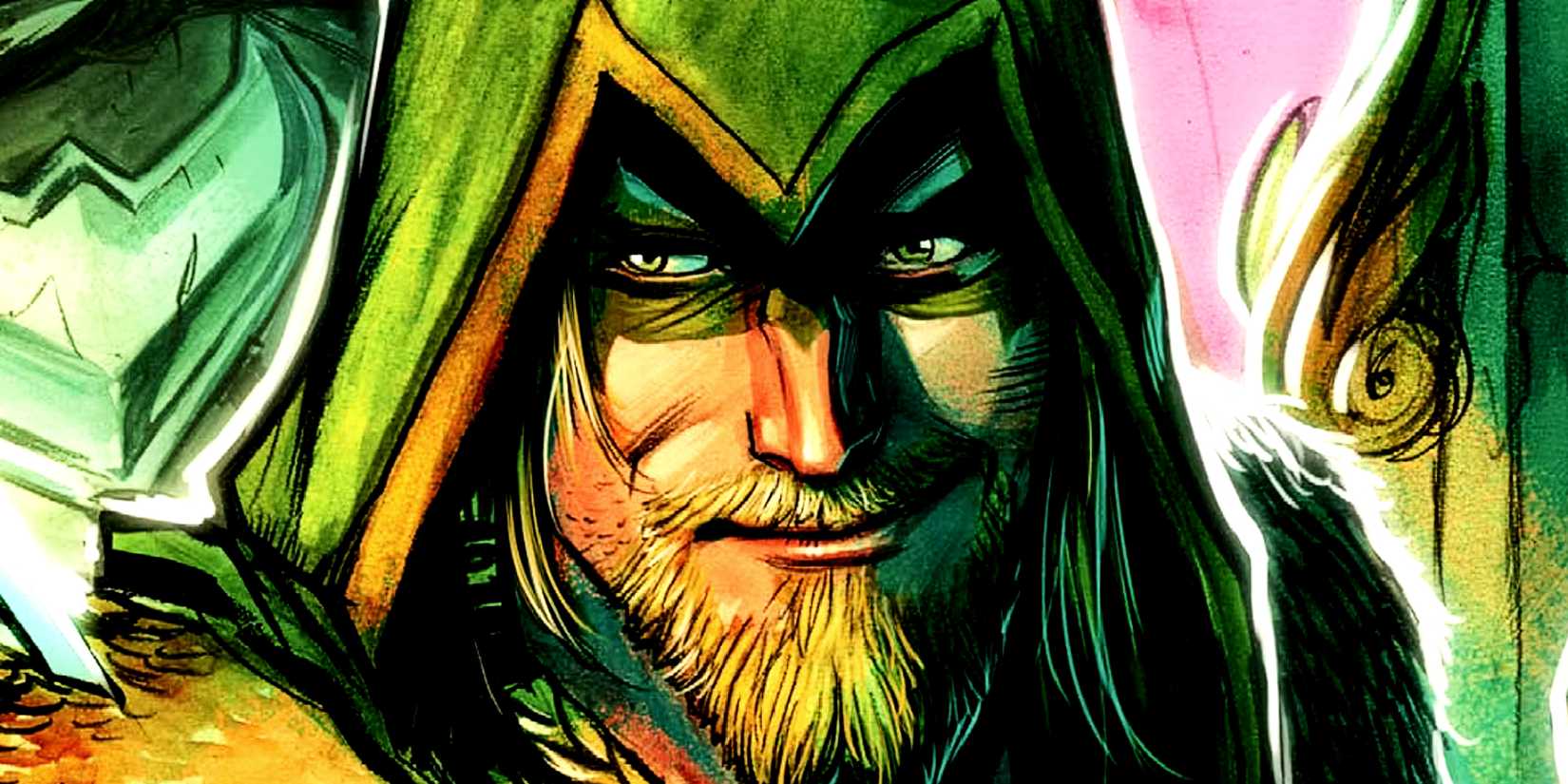 Arte dos quadrinhos: Close-up de Oliver Queen, o Arqueiro Verde.