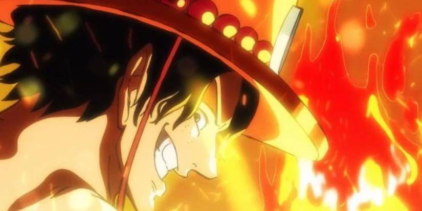 Portgas D. Ace looks over his shoulder and flashes a devilish smile while being enveloped by fire