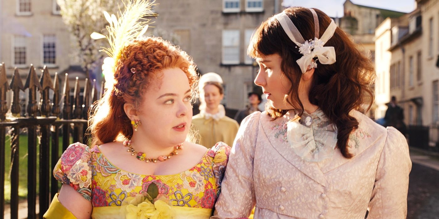 Penelope (Nicola Coughlan) and Eloise (Claudia Jessie) looking at each other in Bridgerton season 2