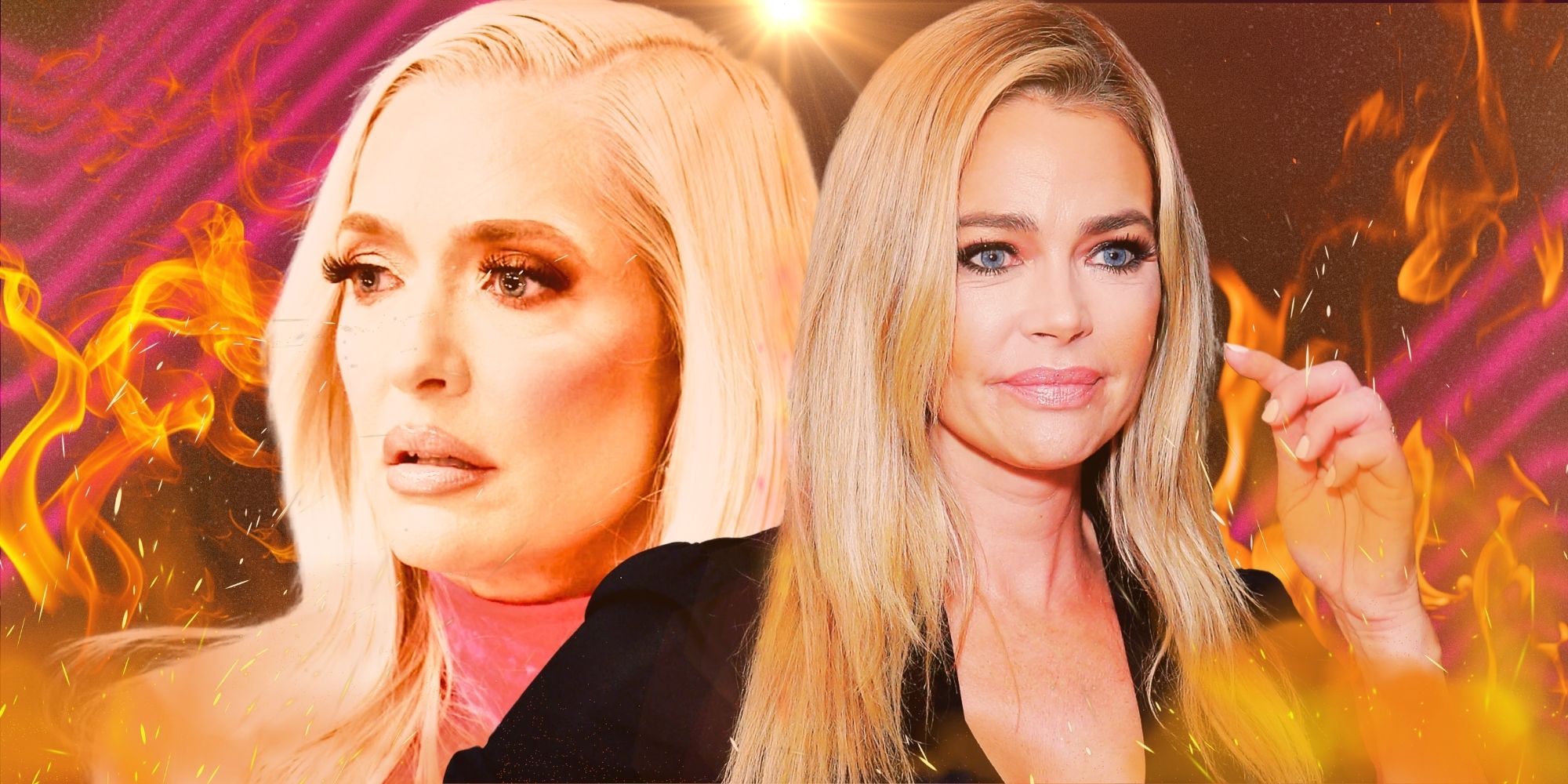 RHOBH - montage of Denise Richards and Erika Jayne with fire all around them