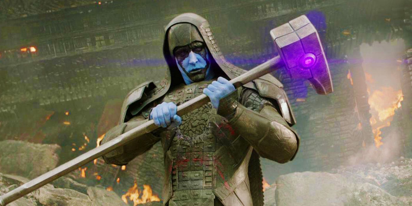 Ronan with the Power Stone holding his hammer to his chest in Guardians of the Galaxy