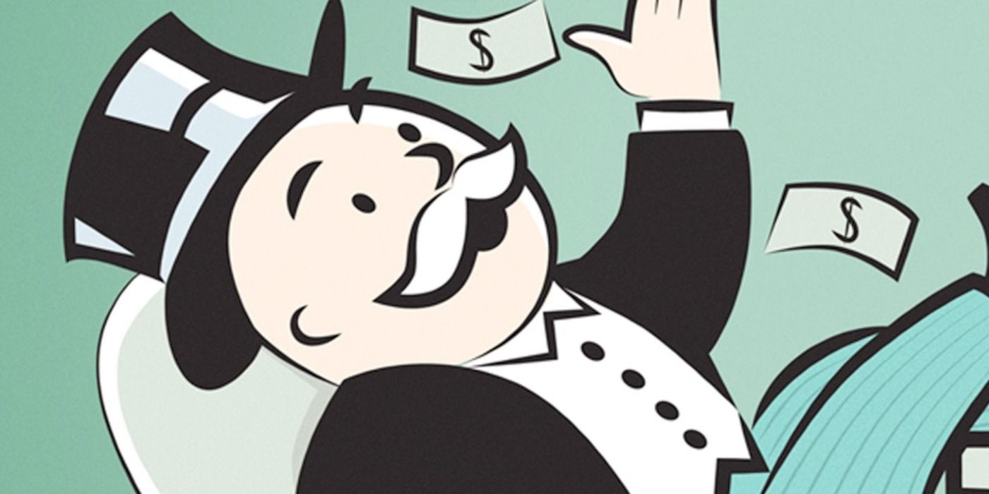 Milburn Pennybags com dinheiro chovendo sobre ele no documentário Ruthless: Monopoly's Secret History.
