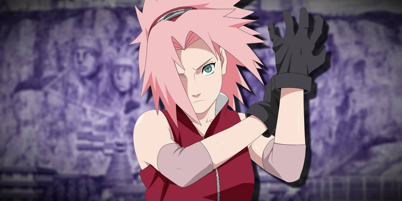 Sakura Haruno putting on her glove with a serious expression, with an out of focus blue-tinted Hokage Rock in the background, in Naruto.