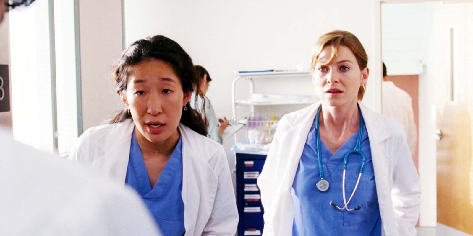 Sandra Oh as Cristina Yang and Ellen Pompeo as Meredith Grey in Grey's Anatomy series premiere