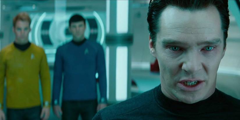 Star Trek Into Darkness. Chris Pine como Capitão James T. Kirk, Zachary Quinto como Spock, Benedict Cumberbatch como Khan Noonien Singh e John Harrison.