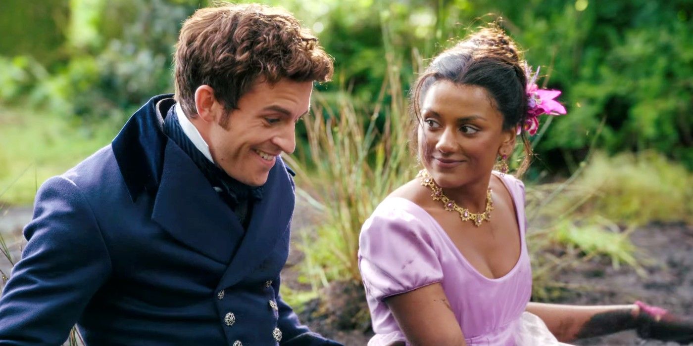 Simone Ashley's Kate Sharma smiling and looking at Jonathan Bailey's Anthony in Bridgerton season 2