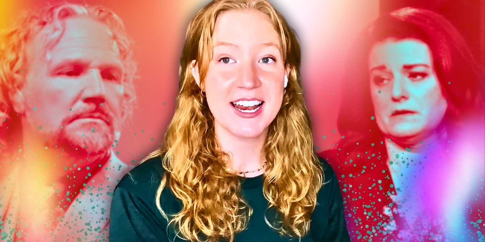 Звезда "Сестры жены" Гвендлин Браун в зелетом свитере и улыбается, рядом с монтажом с Робин Браун, Кроди Браун