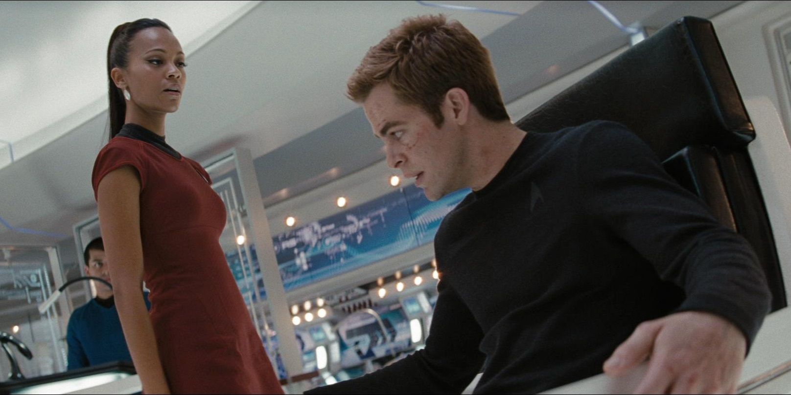 Star Trek (2009). Zoe Saldaña as Nyota Uhura and Chris Pine as James T. Kirk.