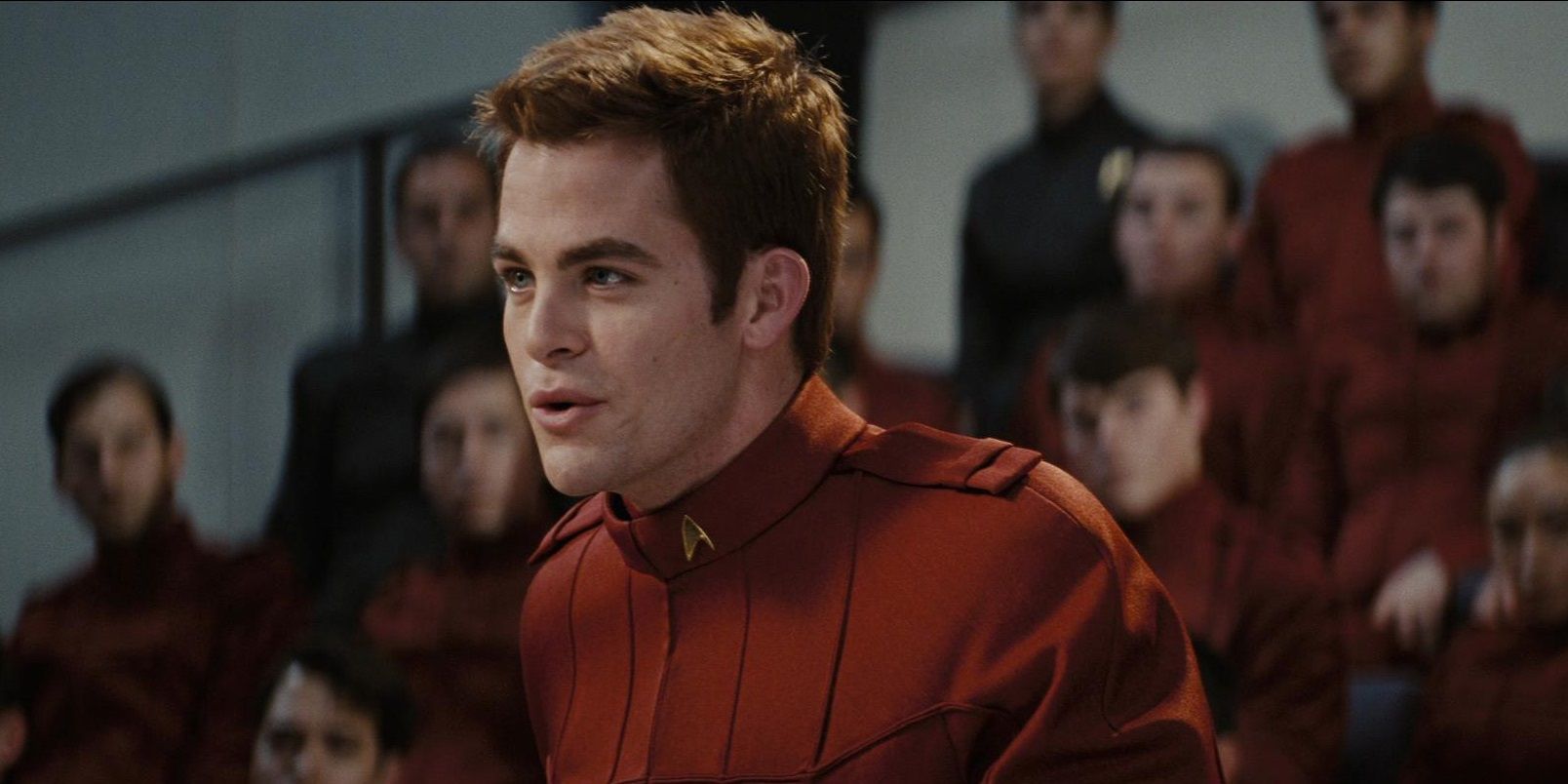 Star Trek (2009). Cadet James T Kirk Kobayashi Maru hearing. Chris Pine.