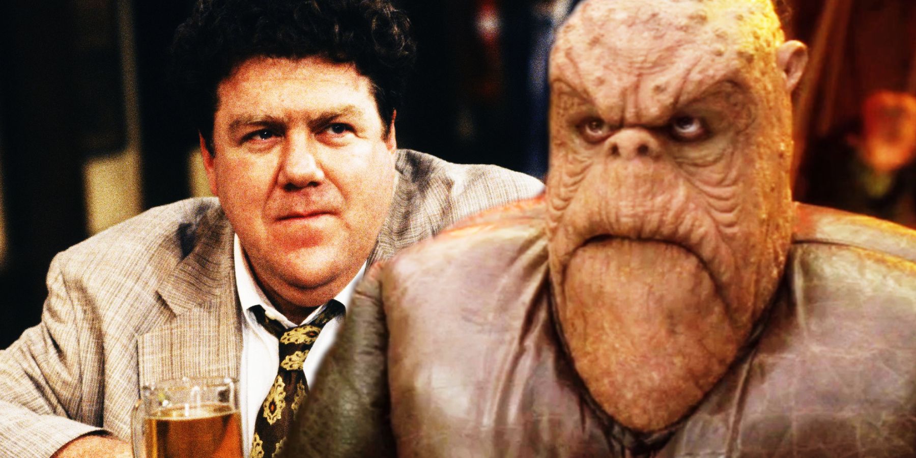 A big man with curly brown hair and a big brown alien sit at a bar and have a drink