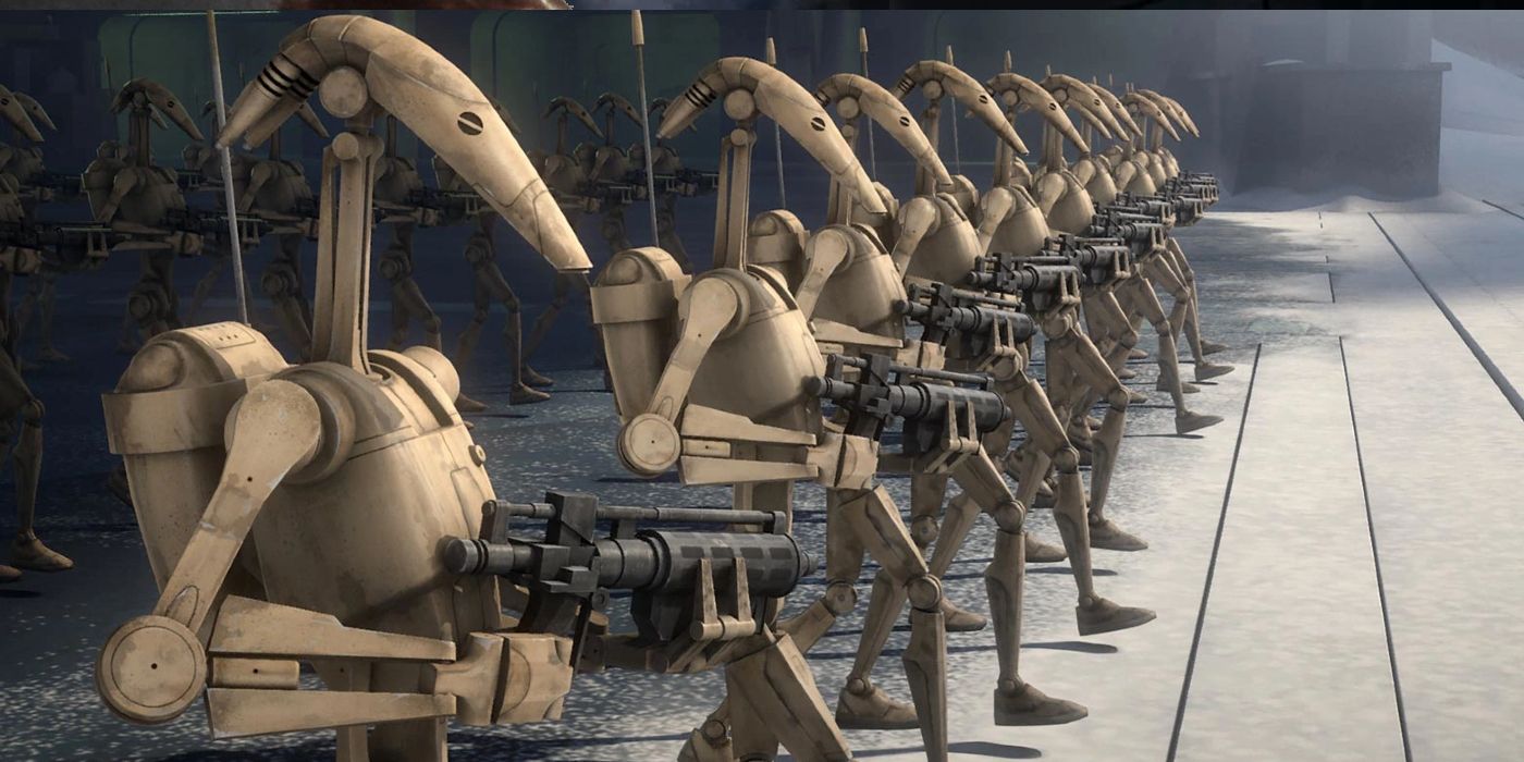 Star Wars Clone Wars Battle Droids lined up holding their blasters