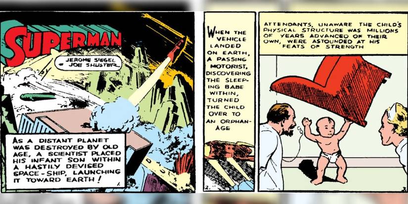 Baby Superman in a ship from Krypton and lifting a chair to the doctors' surprise