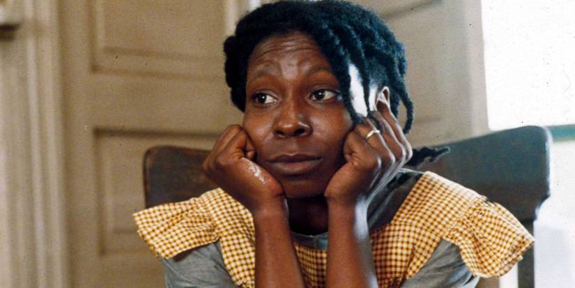 Whoopi Goldberg as Celie Harris-Johnson solemnly looks on in The Color Purple.