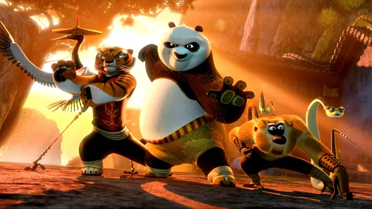 The Furious Five made up of Angelina Jolie as Tigress, Jackie Chan as Monkey, David Cross as Crane, Seth Rogen as Mantis, and Lucy Liu as Viper, pose with Jack Black as Po in Kung Fu Panda 2