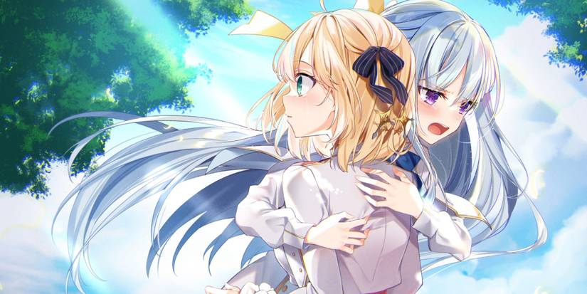 The Magical Revolution of the Reincarnated Princess and the Genius Young Lady, featuring a vulnerable Euphyllia hugging a surprised Anisphia